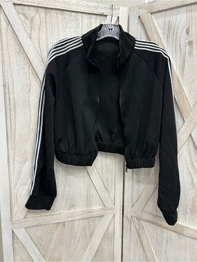 Women's Black Cropped Varsity Jacket with White Stripes